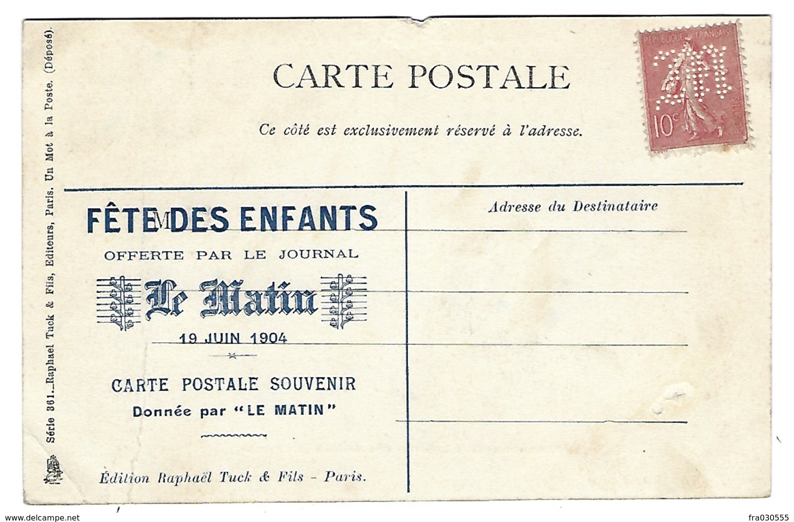 Semeuse 10c Perforée M - Journal Le Matin-Fête Des Enfants 19 Juin 1904 - Non Circulée - Voyage Préfet Loubet En Algérie - Autres & Non Classés