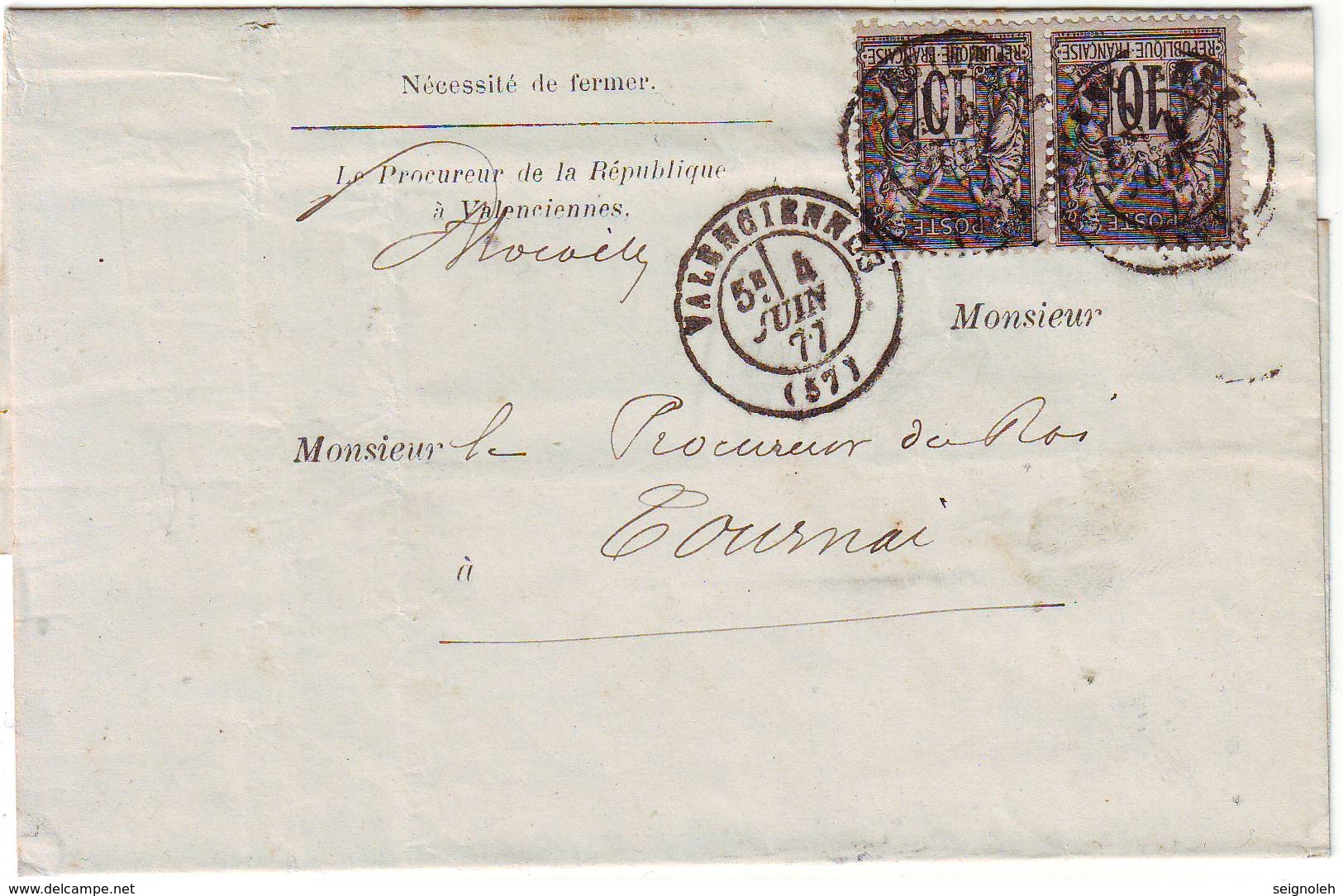 Paire 10 C Sage Sur Lettre De Valenciennes Nord à TOURNAI Belgique , TARIF FRONTALIER , TTB , 1877 - 1877-1920: Semi Modern Period