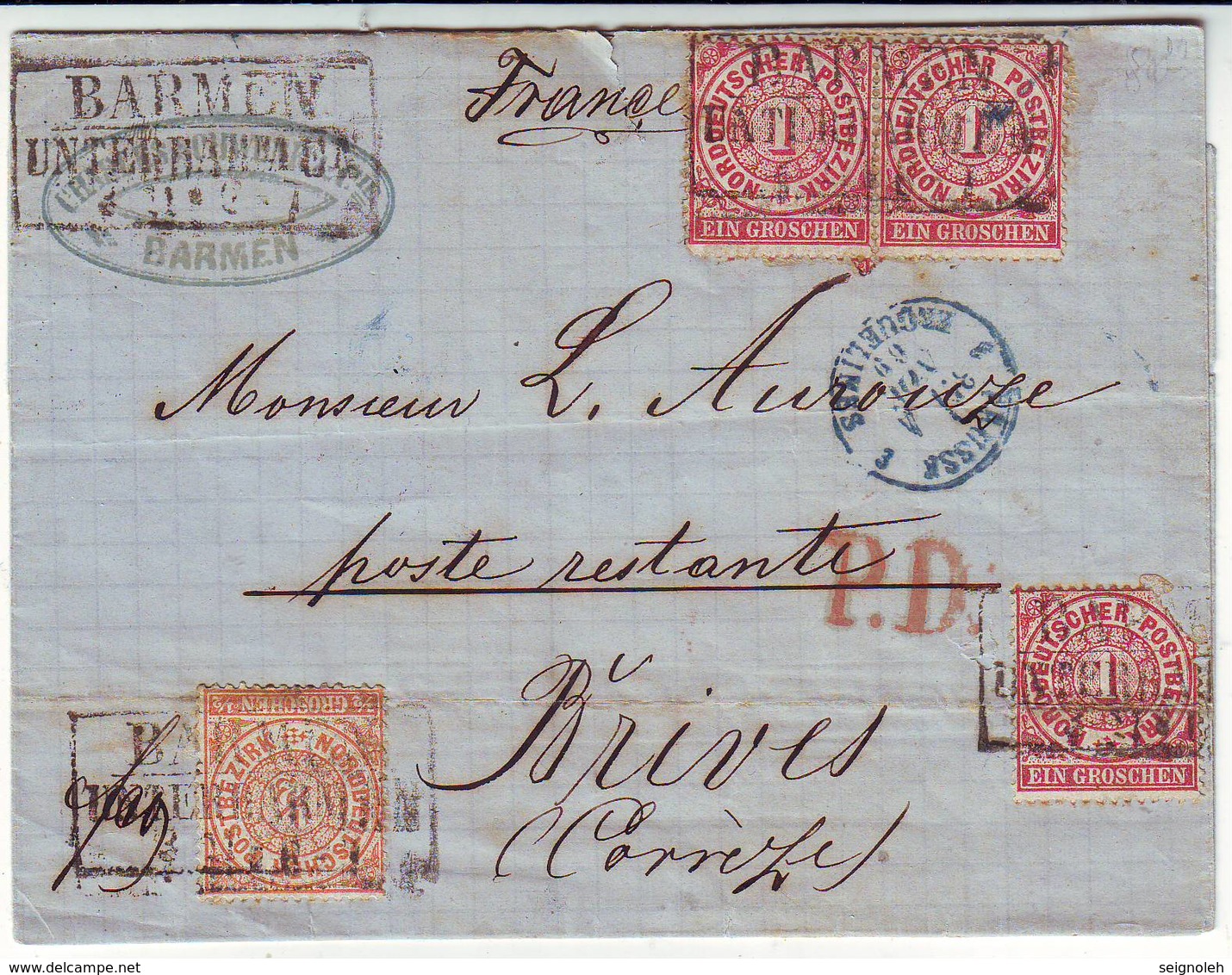 ALLEMAGNE Lettre De BARMEN 1869 Adressee En Poste Restante à BRIVE Correze - 1849-1876: Période Classique