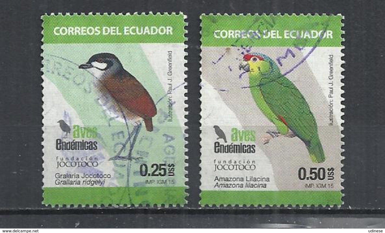 ECUADOR 2015 - BIRDS - LOT OF 2 DIFFERENT - POSTALLY USED OBLITERE GESTEMPELT USADO - Other & Unclassified