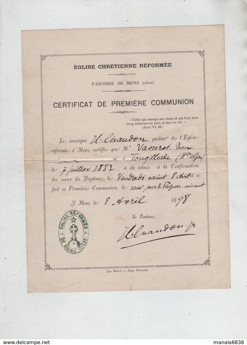 Eglise Chrétienne Réformée Mens Chaudon Pasteur Certificat Première Communion Vasserot 1898 - Religion & Esotérisme