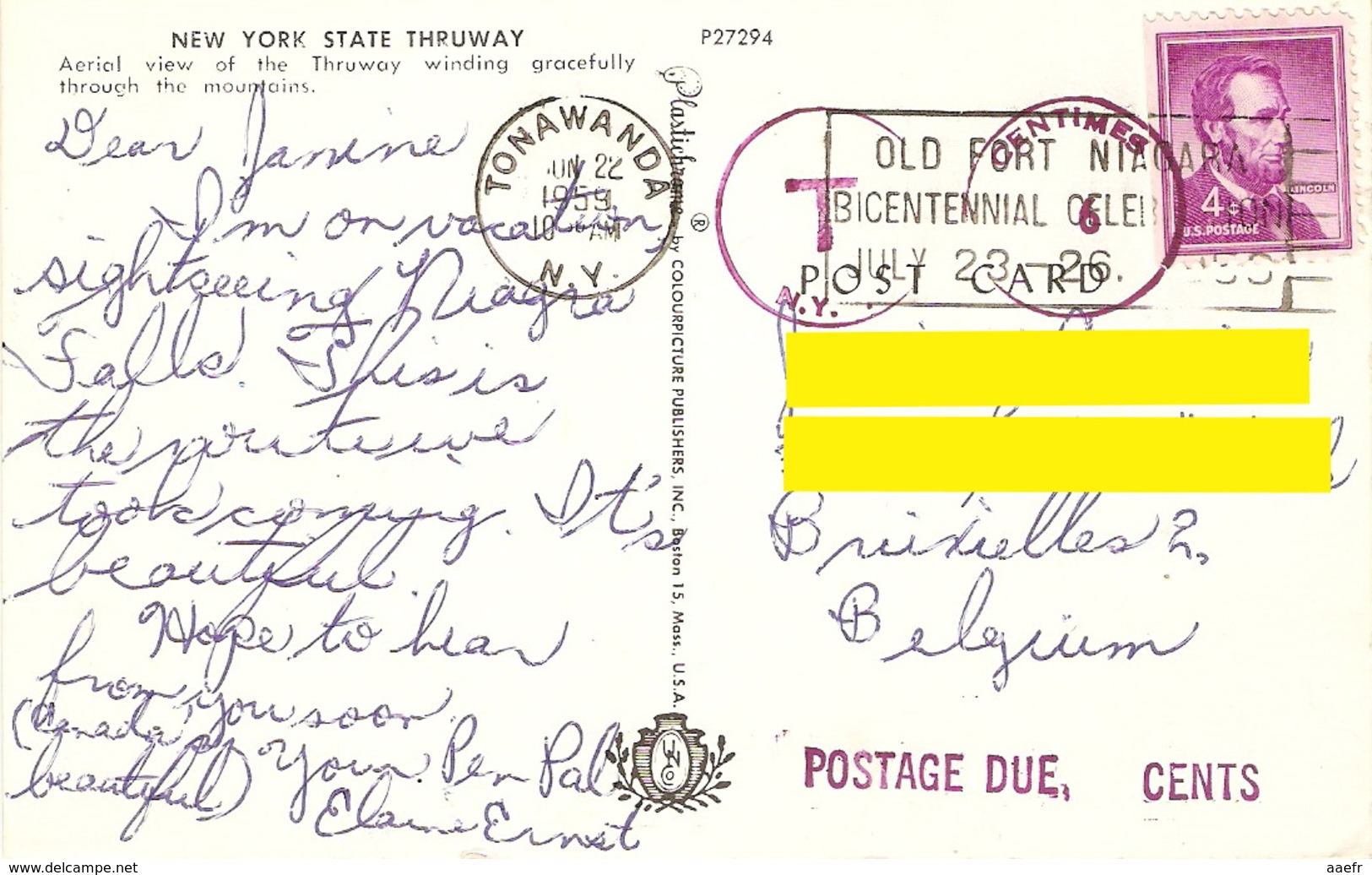 CP Etats-Unis NY 1959 - New York State Thruway - De Tonawanda à Bruxelles - Cachet Postage Due - 6 Centimes - Surtaxe - Lettres & Documents