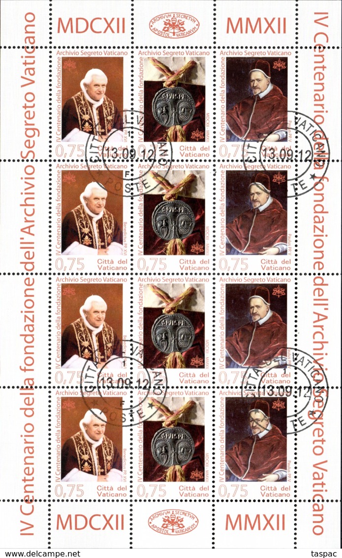 Vatican 2012 Mi# 1745-1747 Kleinbogen Used - Sheet Of 12 (1 X 4 Zd) - 4th Centenary Of The Vatican Secret Archives - Used Stamps