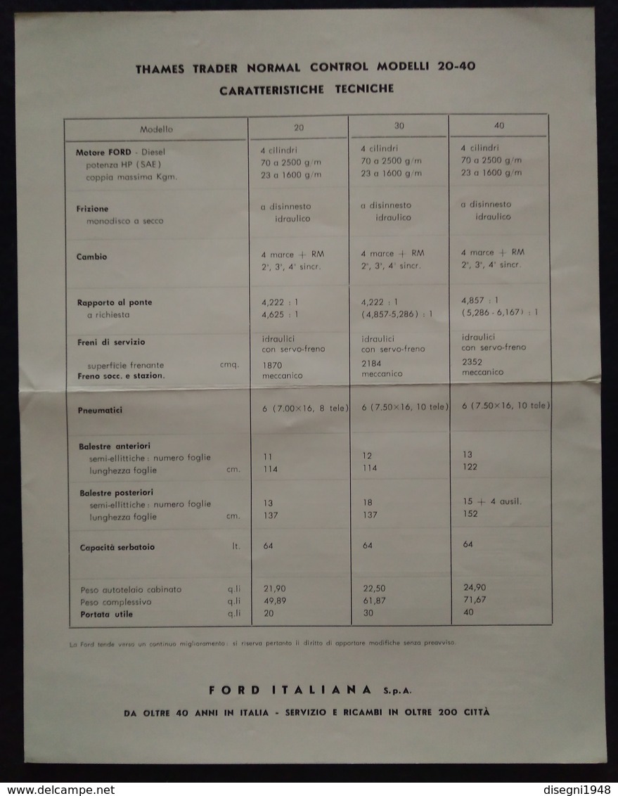 08971 "FORD THAMES NORMAL CONTROL - MOD. 20 / 30 / 40 - FORD UK - FINE ANNI '50" VOLANTINO PIEGH. ORIGINALE - Camions