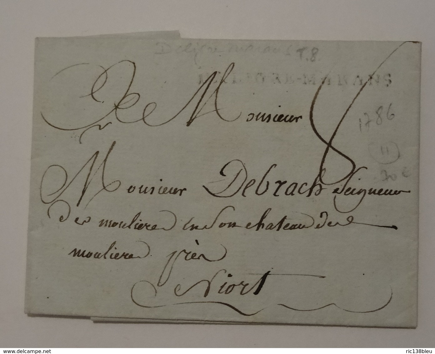 LETTRE DE 1786 AVEC TRÈS RARE CACHET DALIGRE-MARANS CHARENTE-MARITIME ADRESSÉE À  DE BRACH SEIGNEUR DES MOULIÉRES NIORT - 1701-1800: Voorlopers XVIII