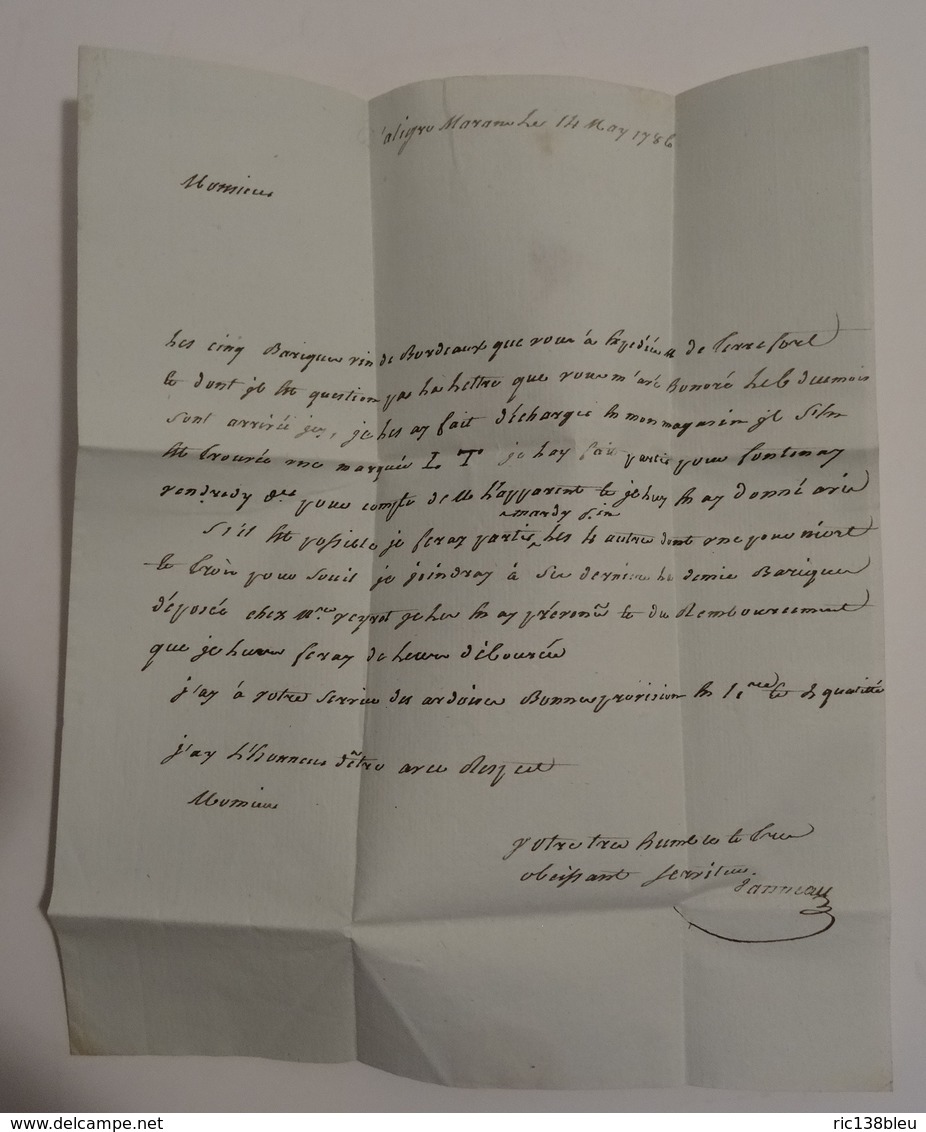 LETTRE DE 1786 AVEC TRÈS RARE CACHET DALIGRE-MARANS CHARENTE-MARITIME ADRESSÉE À  DE BRACH SEIGNEUR DES MOULIÉRES NIORT - 1701-1800: Voorlopers XVIII