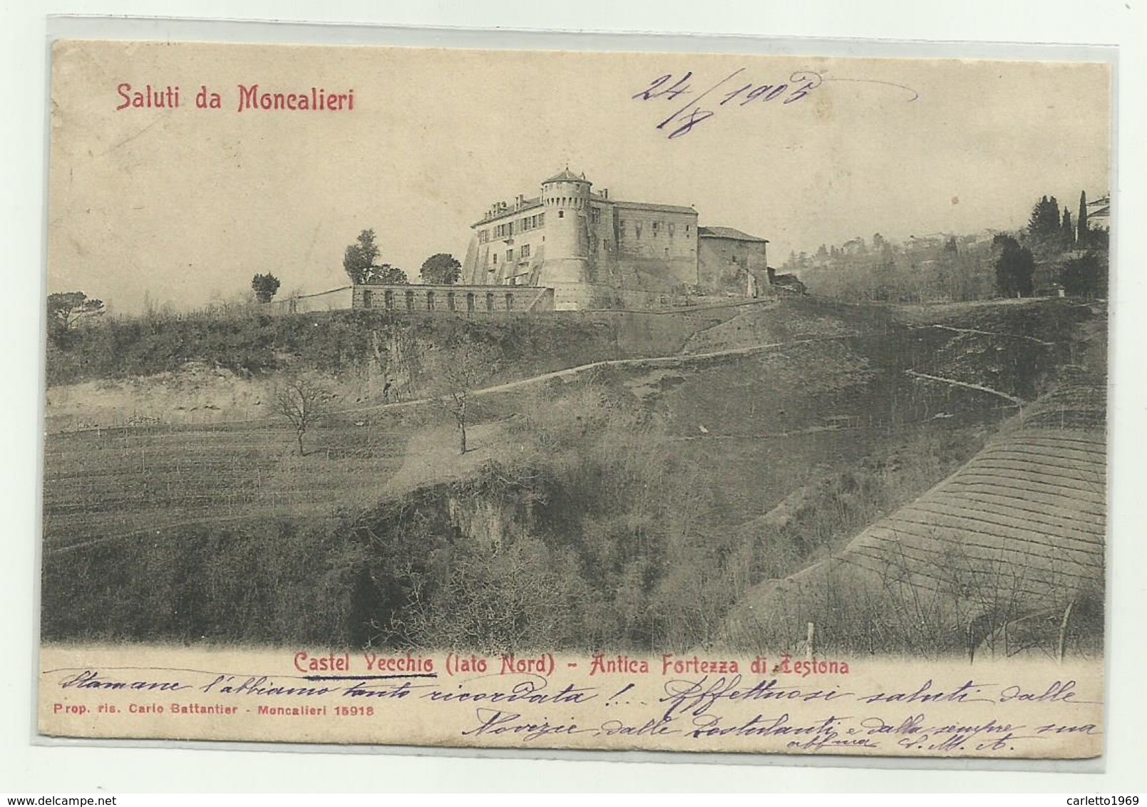 SALUTI DA MONCALIERI - CASTEL VECCHIO - ANTICA FORTEZZA DI TESTONA 1905 VIAGGIATA  FP - Moncalieri