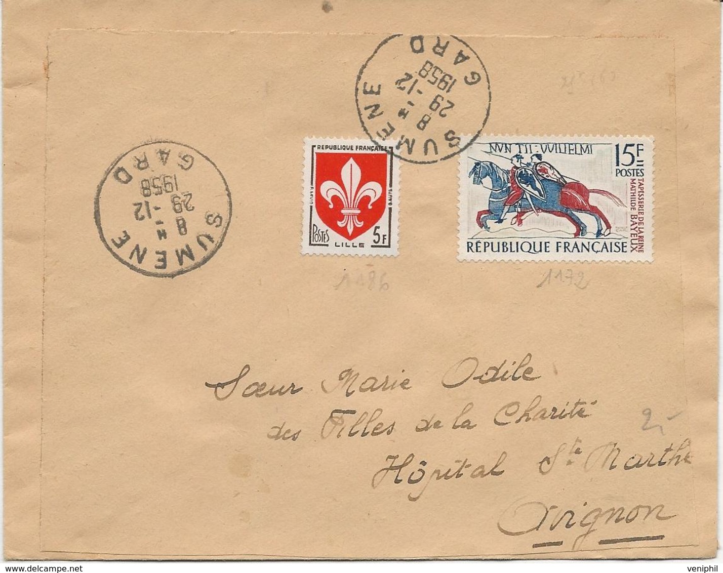 LETTRE AFFRANCHIE N° 1172 + N° 1186 - OBLITERATION CAD SUMENE -GARD -1956 - Manual Postmarks