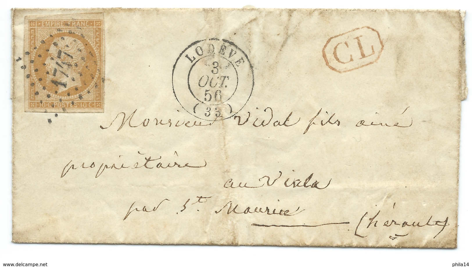 N° 13 BISTRE NAPOLEON SUR LETTRE / LODEVE HERAULT POUR VIALA / 1856 / CL - 1849-1876: Période Classique