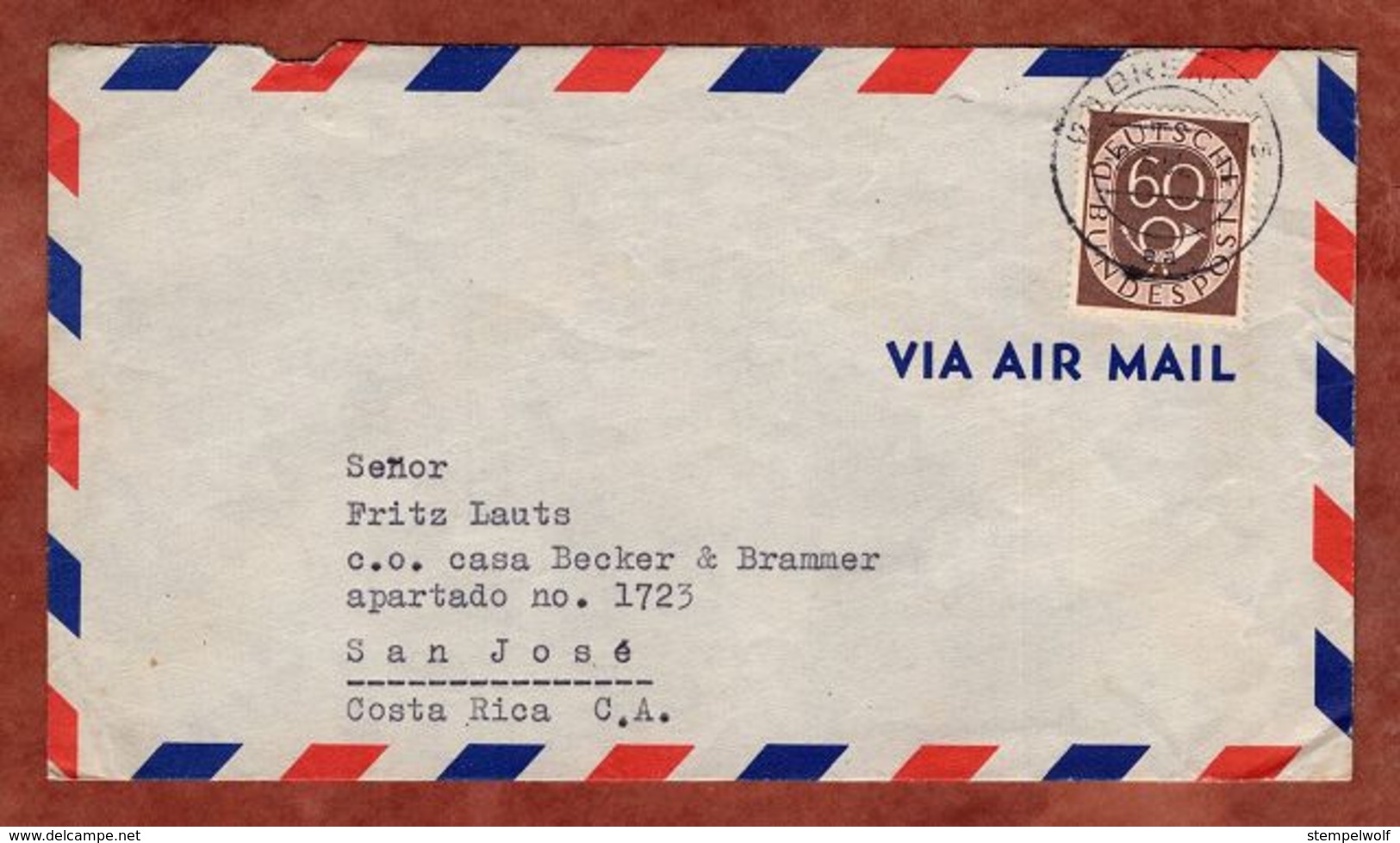 Luftpost, Posthorn, Bremen Nach San Jose Costa Rica 1954 (91653) - Briefe U. Dokumente