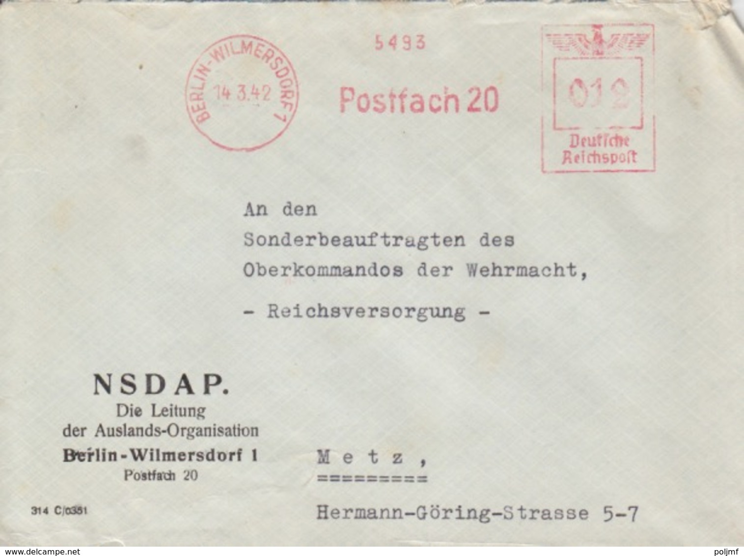 Lettre à Entête (NSDAP) Affr. Berlin-Wilmersdorf 1 EMA Francotype 5493 Postfach 20 à 12pf Le 14/3/42 Pour Metz - Macchine Per Obliterare (EMA)