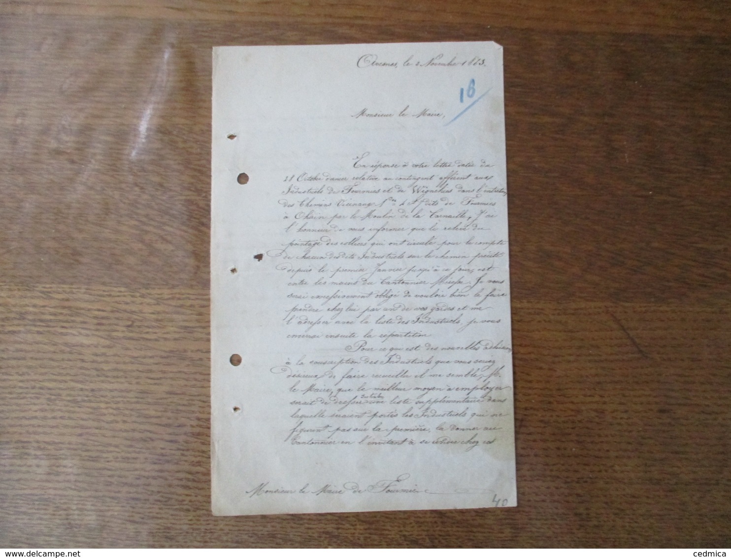AVESNES LE 2 NOVEMBRE 1863 COURRIER DE L'AGENT VOYER SIGNE RINGUET AU MAIRE DE FOURMIES - Manuscripts