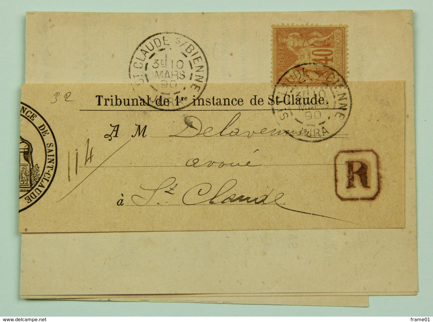 LAC Recommandée 1890 Tribunal De 1ere Instance De St - Ckaude Sous Bande, Affr. 40c Type Sage - 1877-1920: Période Semi Moderne