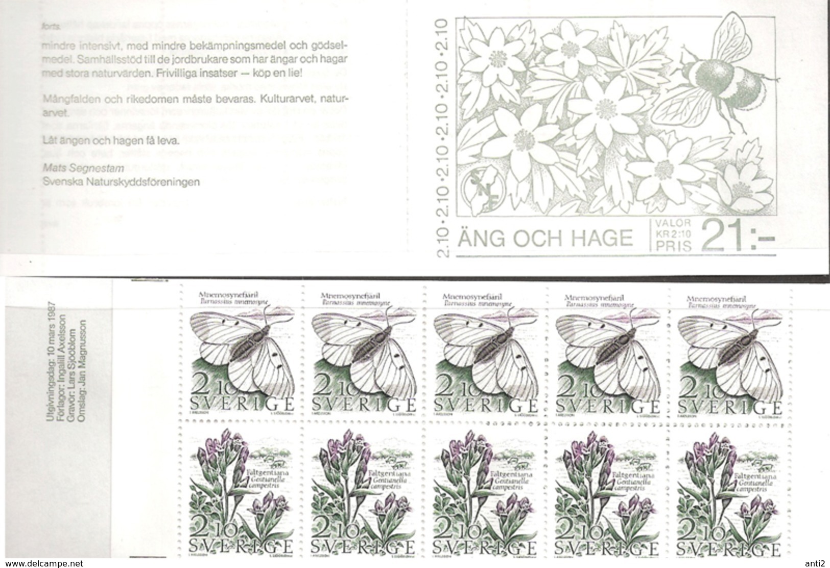 Sweden Sverige 1987 Nature Clouded Apollo Butterfly,  Field Gentian Flower Mi 1423-1424 X 5 Booklet MH  119, MNH(**) - Nuevos