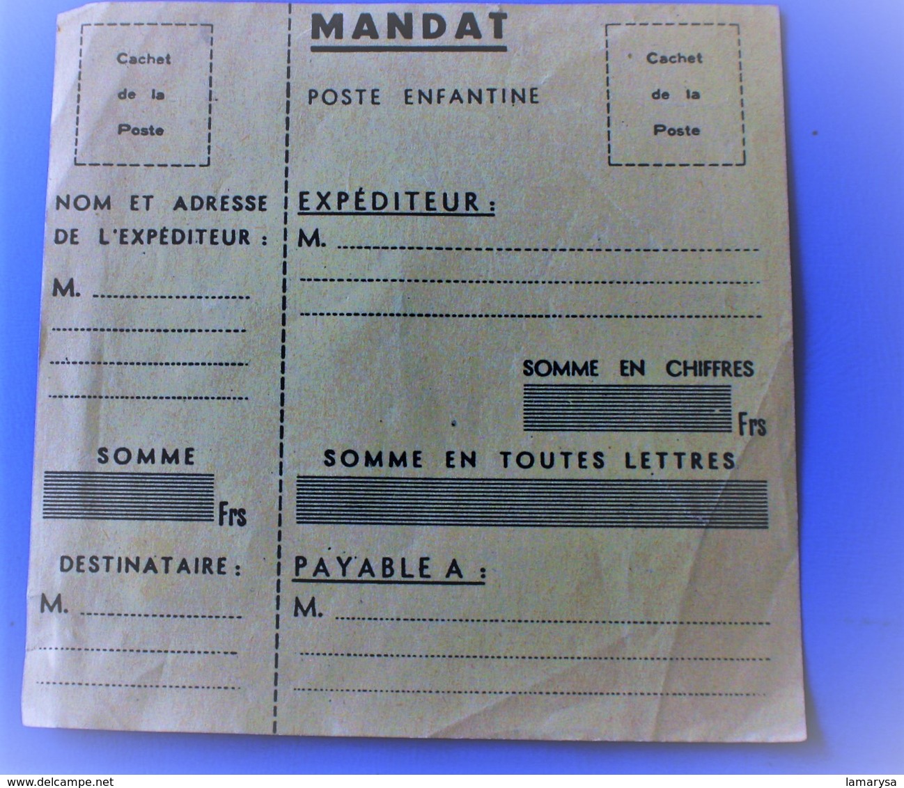 FRANCE - Poste Enfantine - Fiche De Mandat --- France Pseudo  Entiers Postaux Privés Document De La Poste - Pseudo-entiers Privés