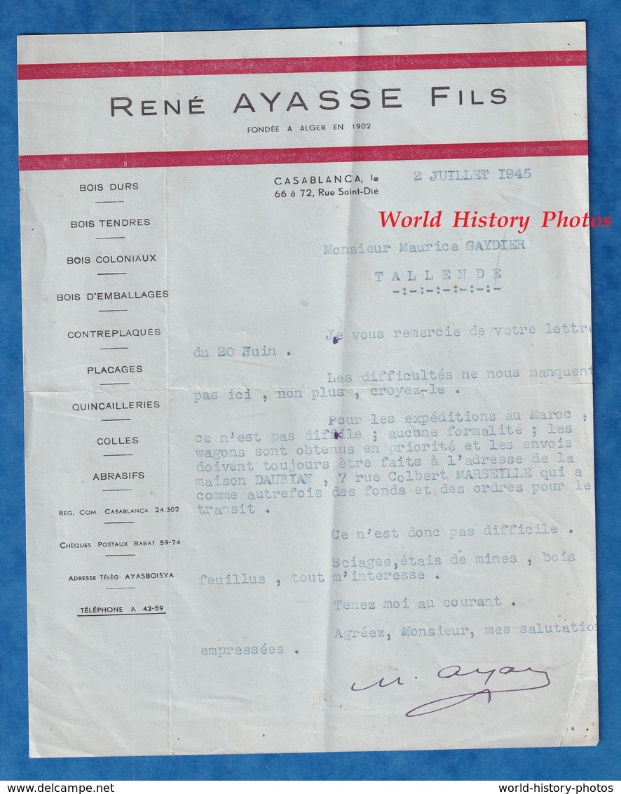 Document Ancien - CASABLANCA - Maison René AYASSE Fils - Juif Marocain ?- Import Export Bois Durs Tendres Coloniaux 1945 - Autres & Non Classés