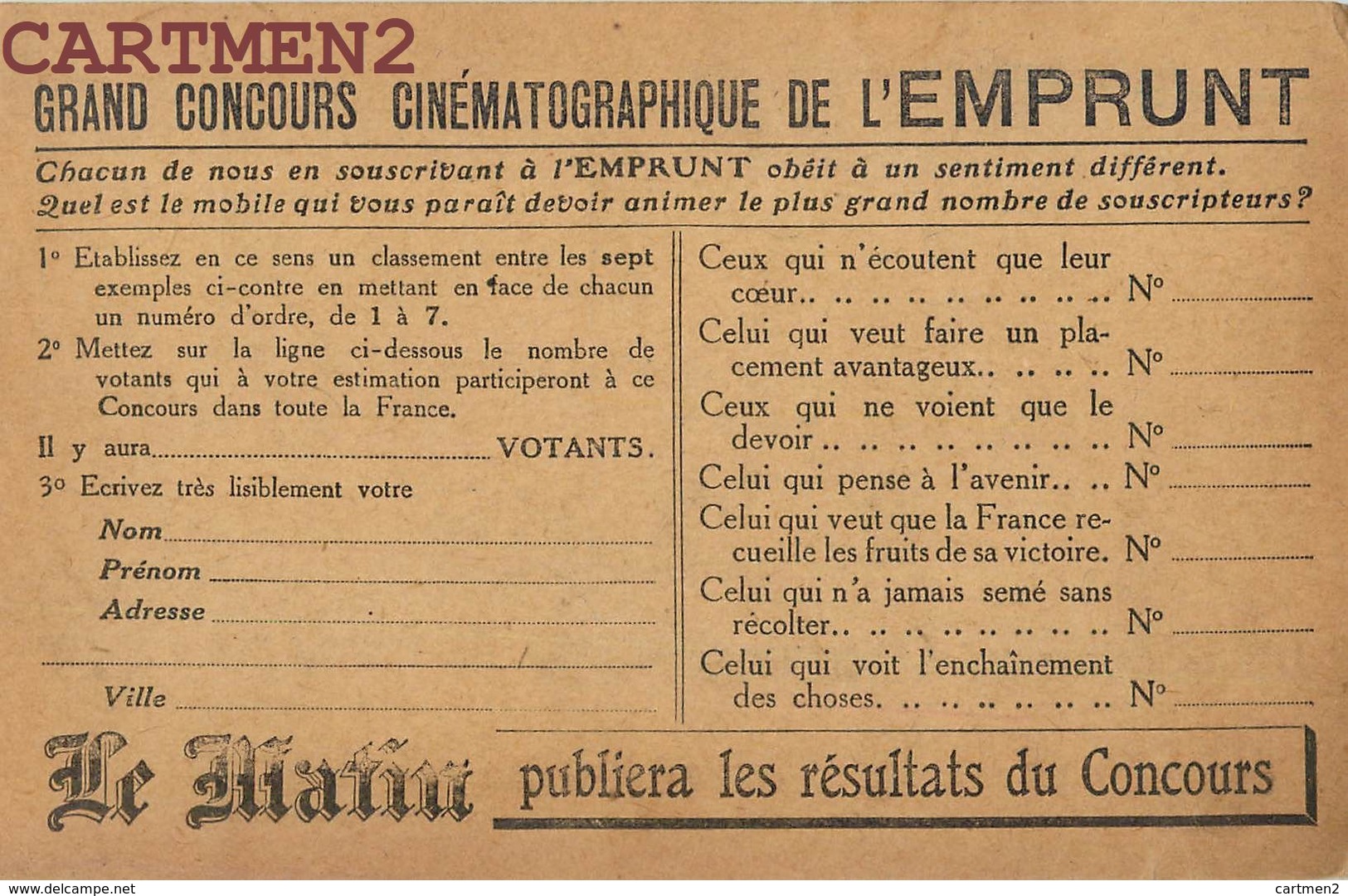 GRAND CONCOURS CINEMATOGRAPHIQUE DE L'EMPRUNT JOURNAL LE MATIN PARIS PUBLICITE PRESSE CINEMA - Publicité