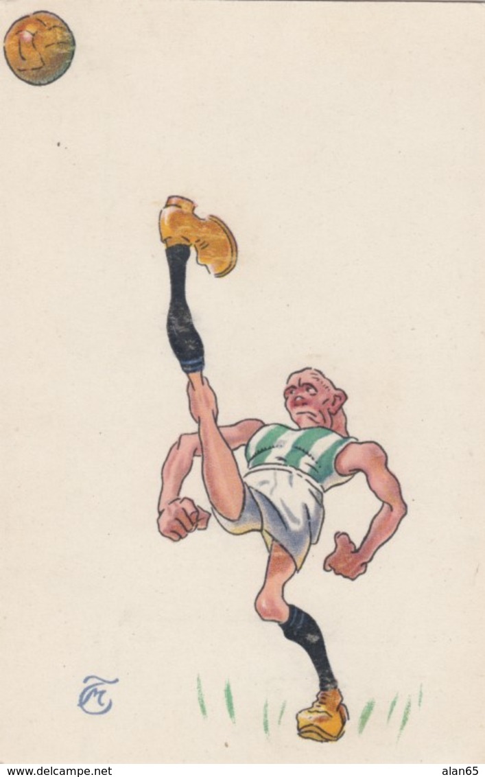 Artist Image Caricature Soccer Player Kicks Ball C1920s Vintage Postcard - Soccer