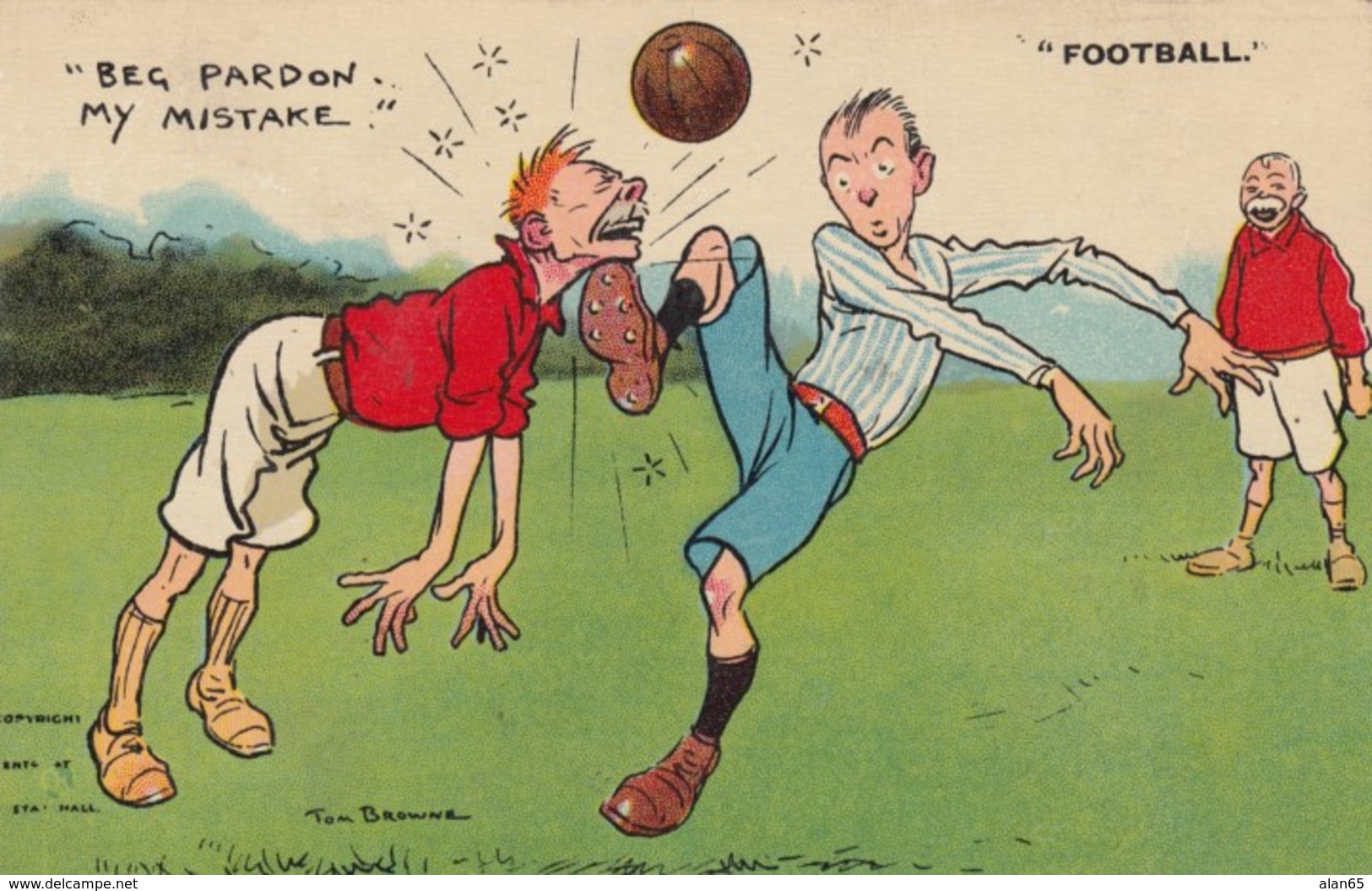 Tom Browne Artist Image Soccer 'Beg Pardon My Mistake' Player Kicked In Jaw, C1900s Vintage Postcard - Soccer