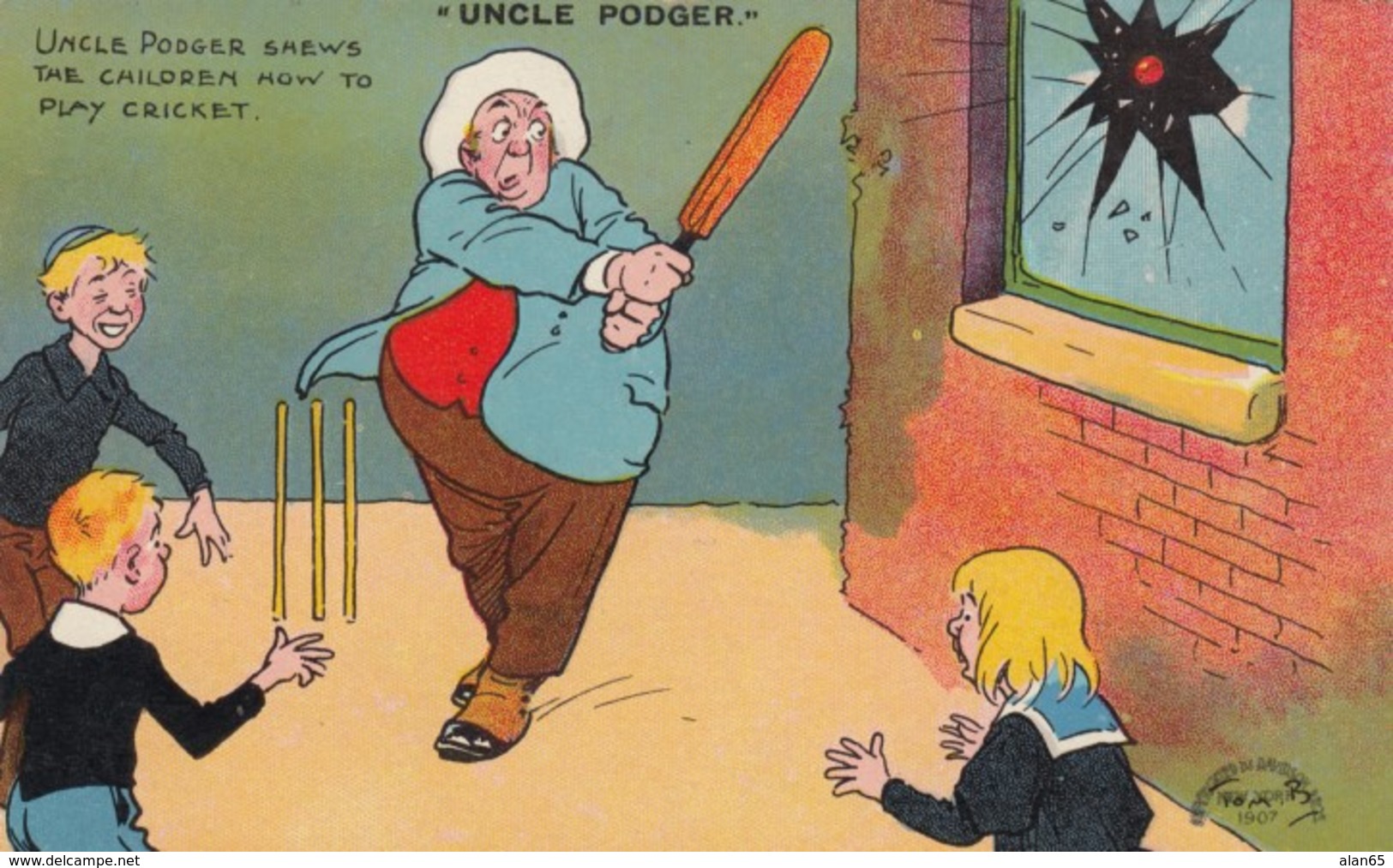 Tom Browne Artist Image Cricket Game Humor 'Uncle Podger', C1900s/10 Vintage Postcard - Cricket