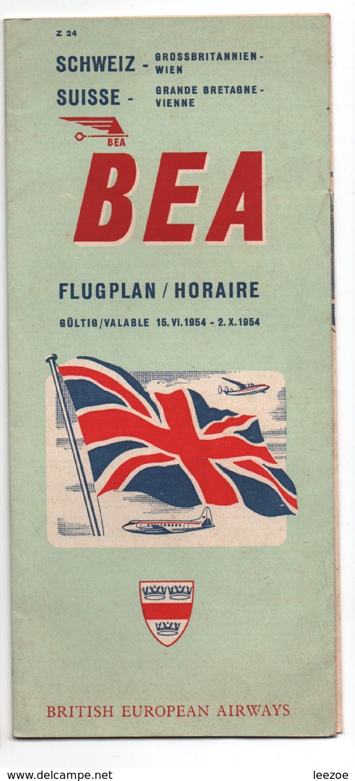 AVIATION COMMERCIALE, Horaires Avion, BEA British European Airways 1954, Grande Bretagne-vienne, Rare....SP1 - Zeitpläne