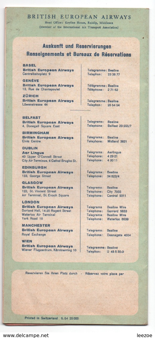 AVIATION COMMERCIALE, Horaires Avion, BEA British European Airways 1954, Grande Bretagne-vienne, Rare....SP1 - Timetables