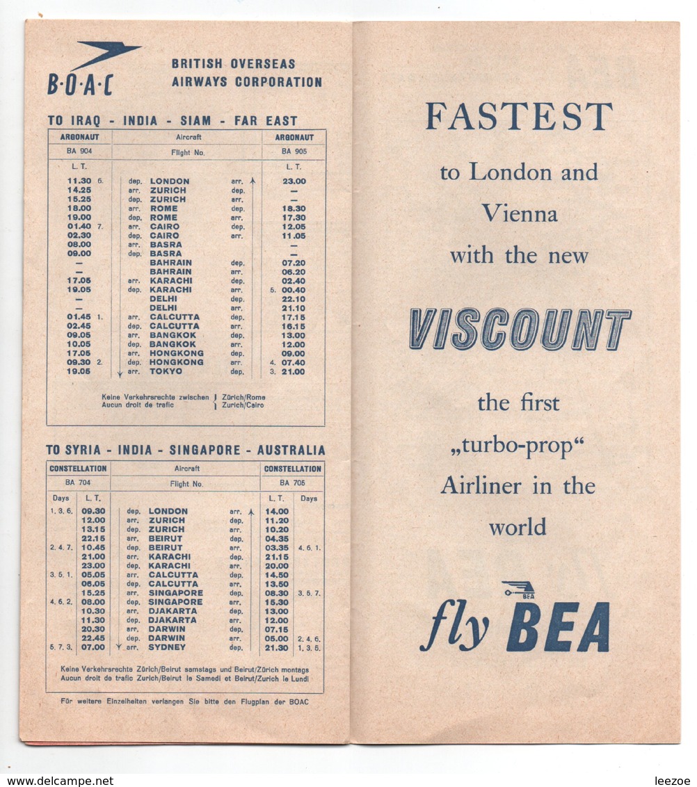 AVIATION COMMERCIALE, Horaires Avion, BEA British European Airways 1954, Grande Bretagne-vienne, Rare....SP1 - Orari