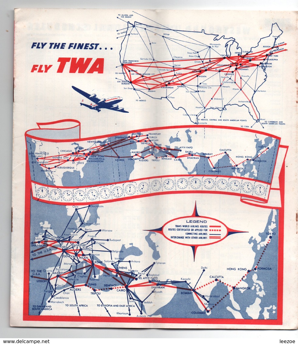 AVIATION COMMERCIALE, Horaires Avion, TWA Trans World Airlines 1954, Rare....SP1 - Timetables