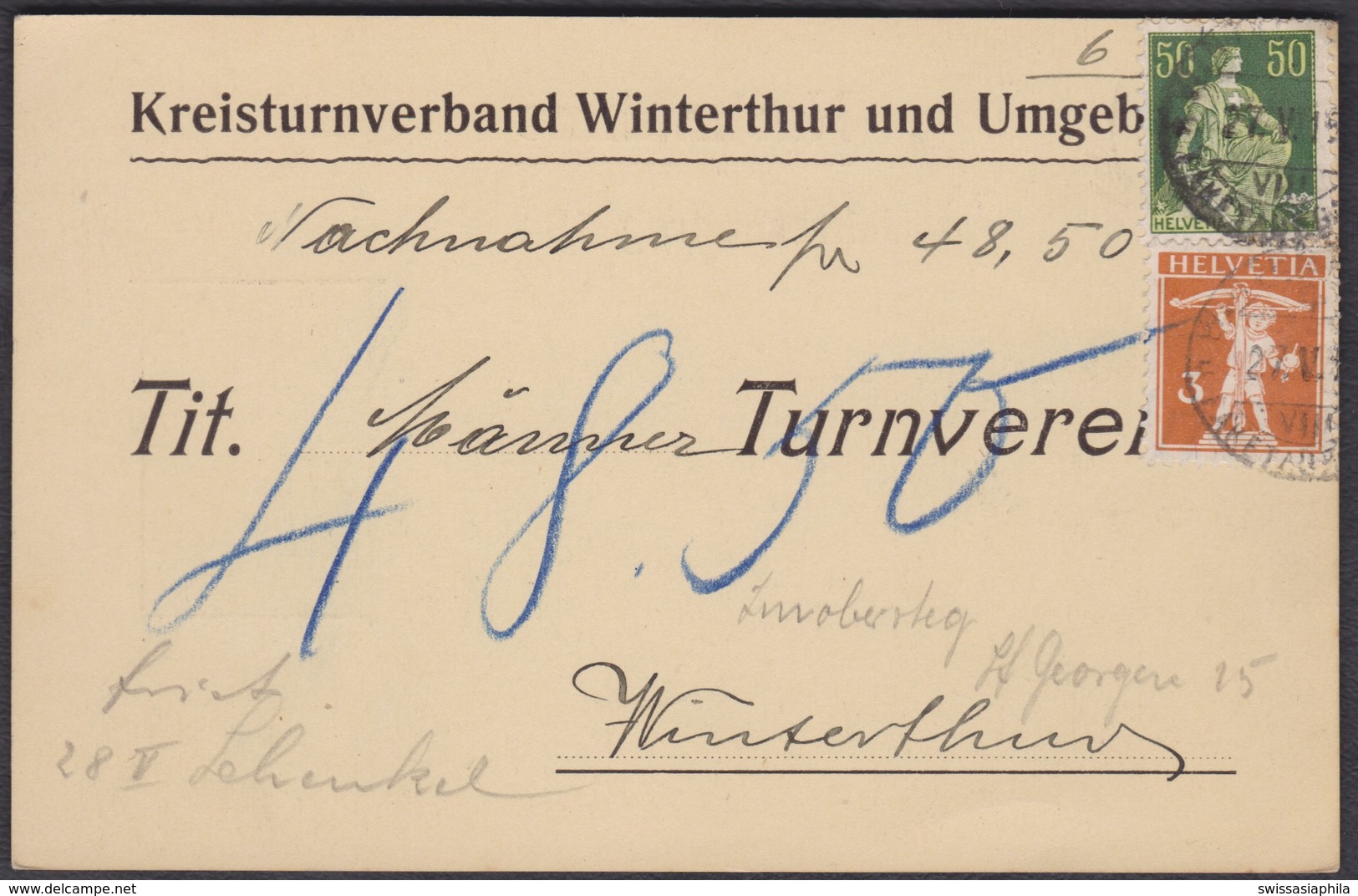 1919   /   KREISTURNVERBAND WINTERTHUR ( TURNEN )  /  NACHNAHME - Briefe U. Dokumente