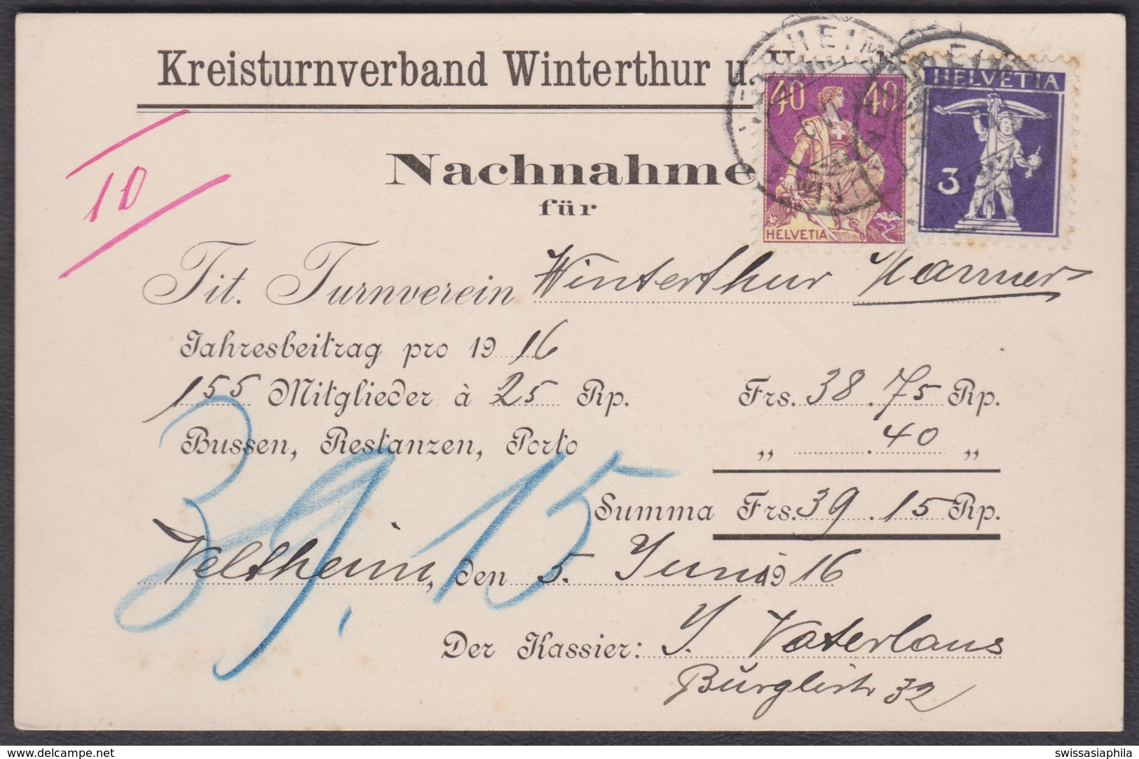 1916   /   KREISTURNVERBAND WINTERTHUR ( TURNEN )  /  NACHNAHME - Briefe U. Dokumente