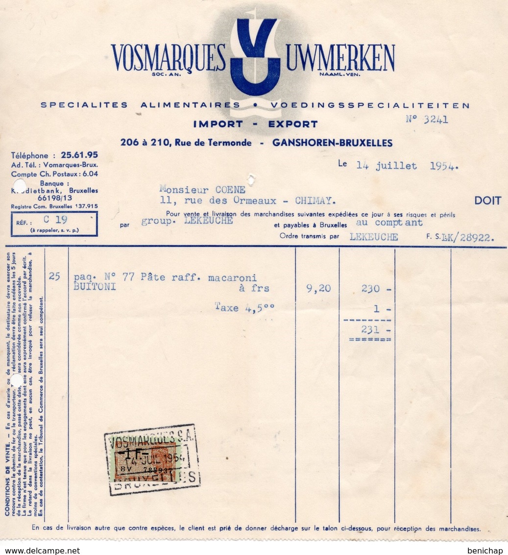 VOSMARQUES UWMERKEN - VOEDINGSSPECIALITEITEN - MACARONI BUITONI - GANSHOREN - CHIMAY - 14 JUILLET 1954. - Alimentaire