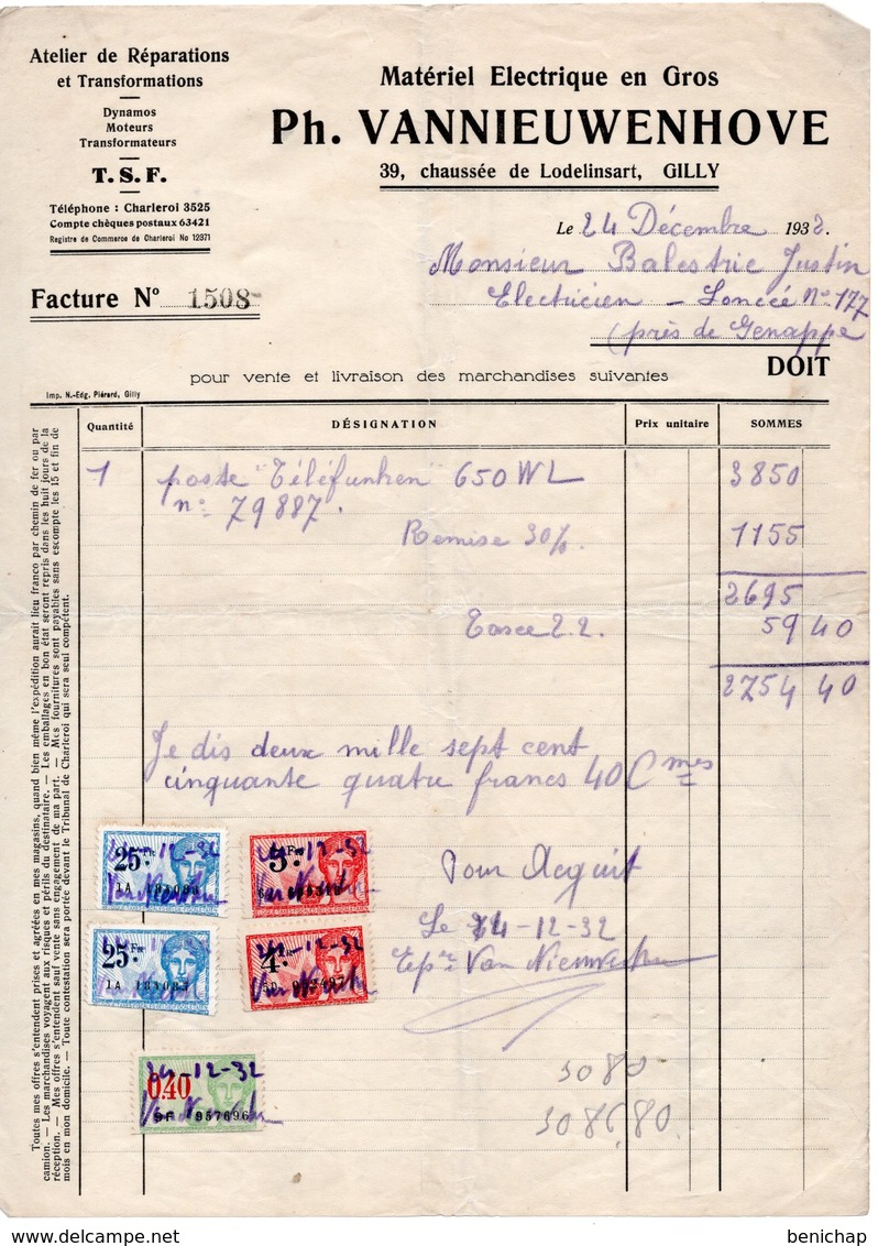 MATERIEL ELECTRIQUE EN GROS - PH. VANNIEUWENHOVE - TELEFUNKEN -T.S.F. -  GILLY - LONCEE - GENAPPE - 24 DECEMBRE 1932. - Électricité & Gaz