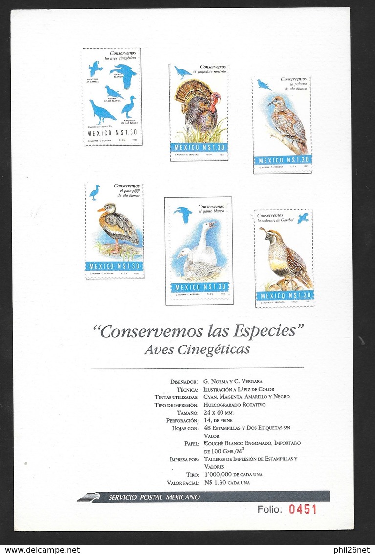 Mexique Feullet Numérote Protaction Des Espèces Avec Les N° 1534 Et 1543 à 1547 Série Espèces Protégées  Oiseaux - Lettres & Documents