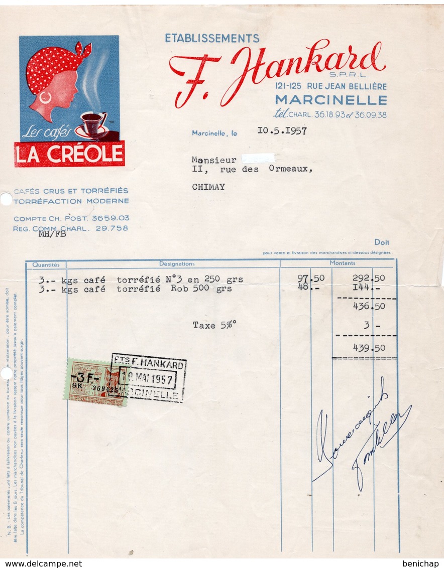 LES CAFES LA CREOLE- TORREFACTION - CAFES CRUS - F. HANKARD - MARCINELLE - CHIMAY - 10 JUIN 1957. - Alimentaire