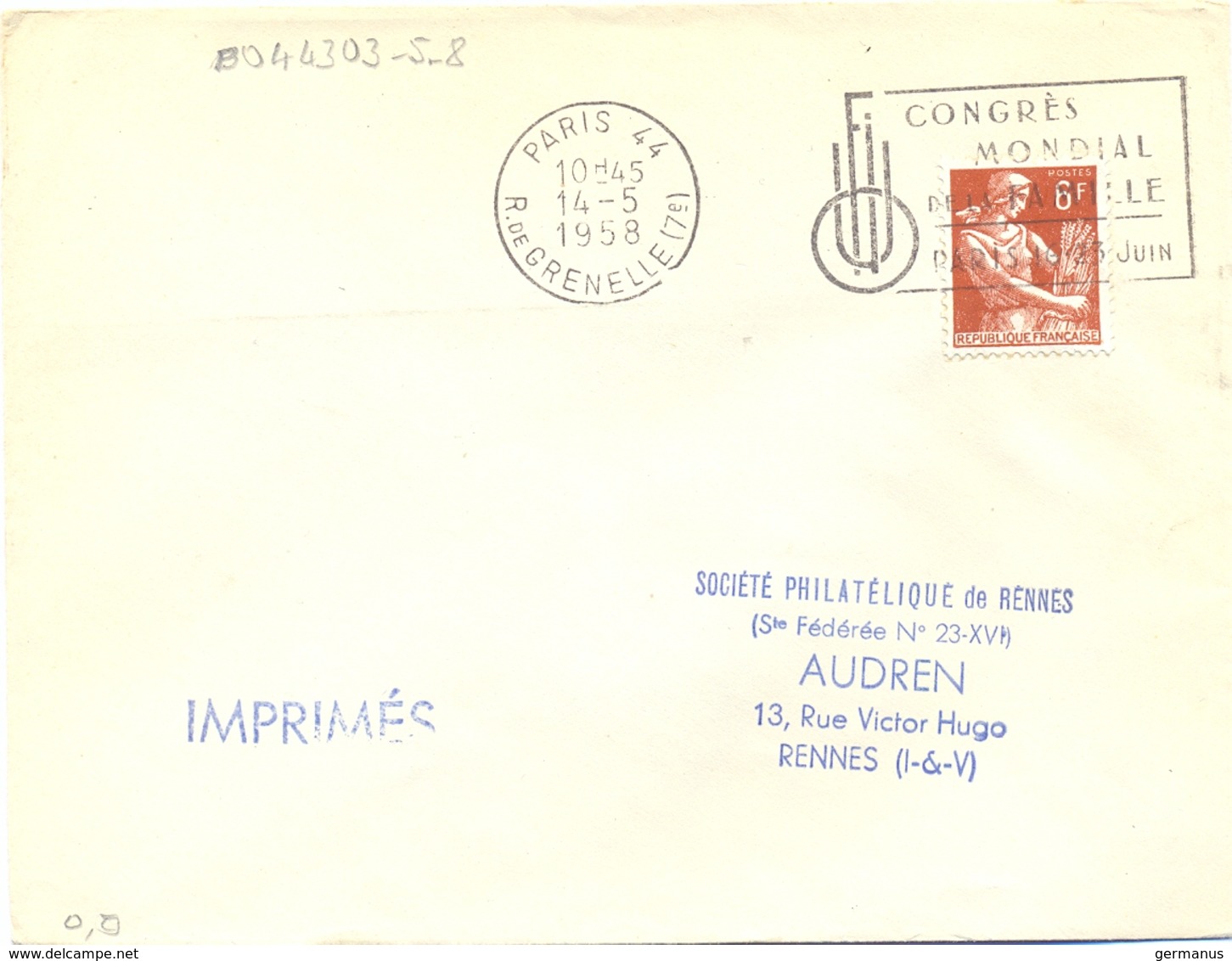 PARIS 44 R. DE GRENELLE (17e) OMec SECAP 14-5-1958 CONGRÈS / MONDIAL / DE LA FAMILLE / PARIS 16.23 JUIN - Mechanical Postmarks (Advertisement)
