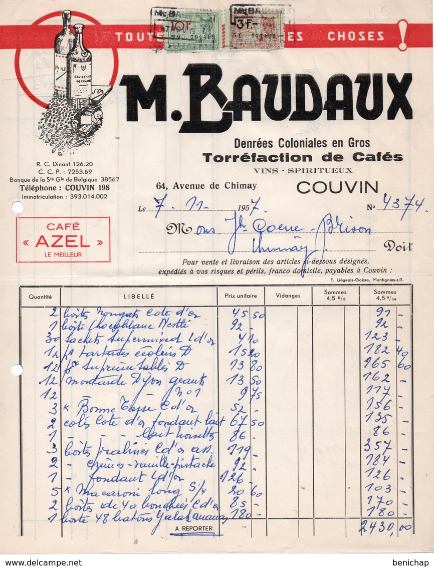 TORREFACTION DE CAFES AZEL - DENREES COLONIALES - M. BAUDAUX - COUVIN - CHIMAY - 7 NOVEMBRE 1957. - Alimentaire