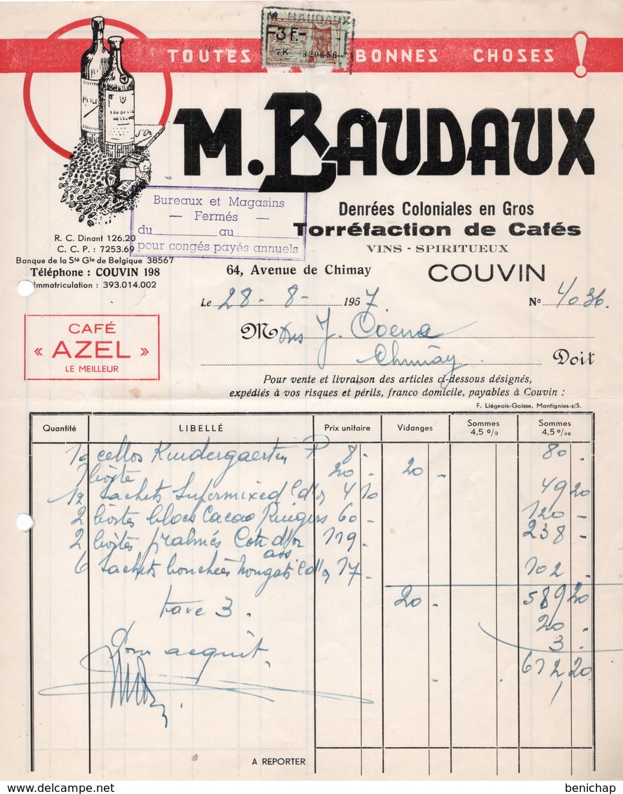 TORREFACTION DE CAFES AZEL - DENREES COLONIALES - M. BAUDAUX - COUVIN - CHIMAY - 28 AOUT 1957. - Alimentare