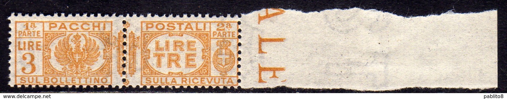 ITALIA REGNO ITALY KINGDOM 1946 LUOGOTENENZA PACCHI POSTALI SENZA FASCI PARCEL POST LIRE 3 MNH - Postpaketten