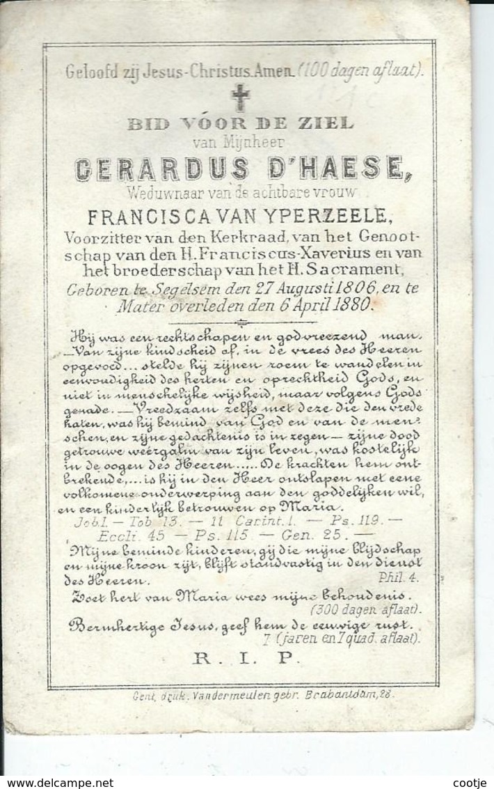 Gerardus D'haese Wed Francisca Van Yperzeele  O Segelsem 1806  + Mater 1880 - Images Religieuses