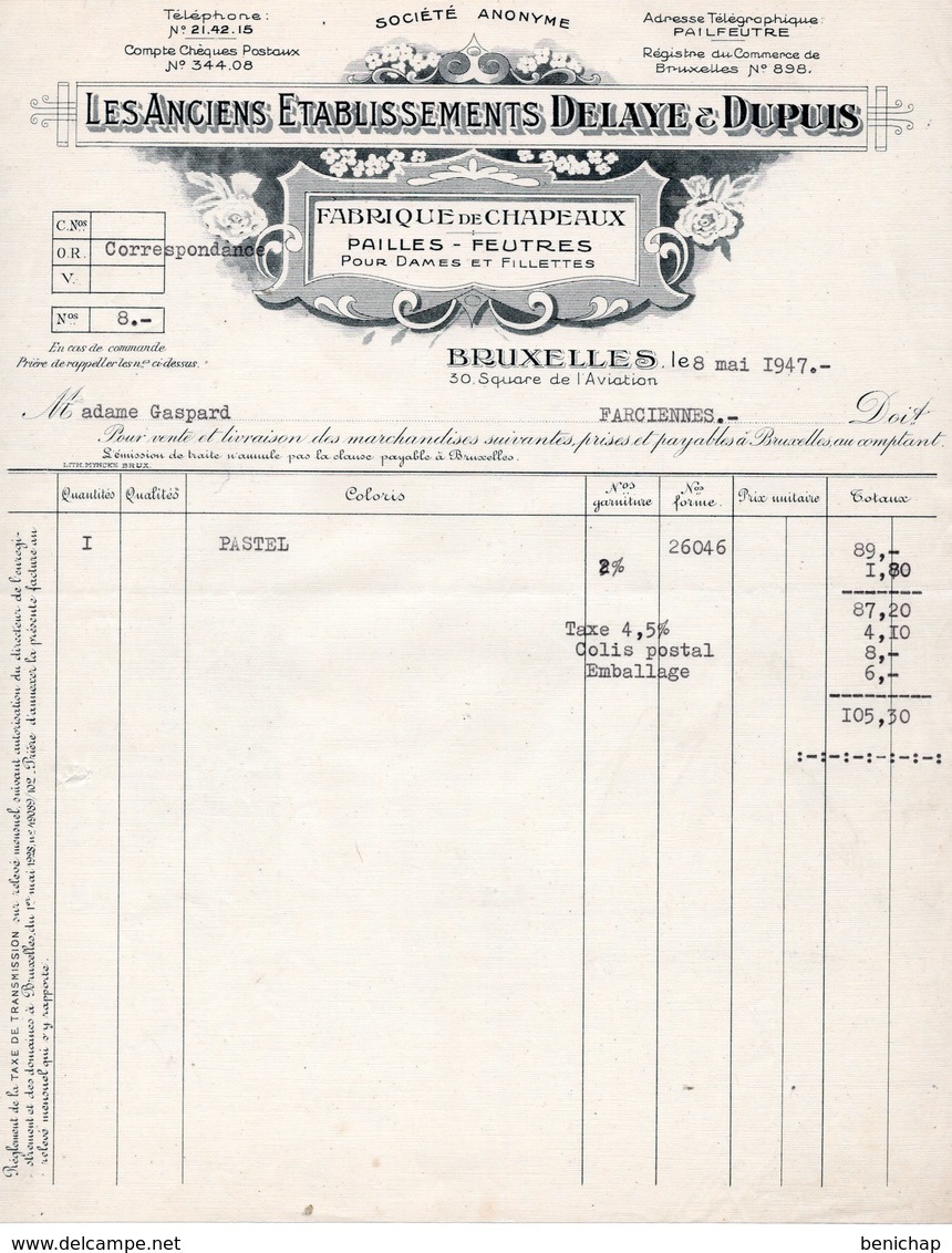 FABRIQUE DE CHAPEAUX PAILLES - FEUTRES - ETABLISSEMENTS DELAYE &DUPUIS - BRUXELLES - FARCIENNES - 8 MAI 1947. - Textile & Vestimentaire