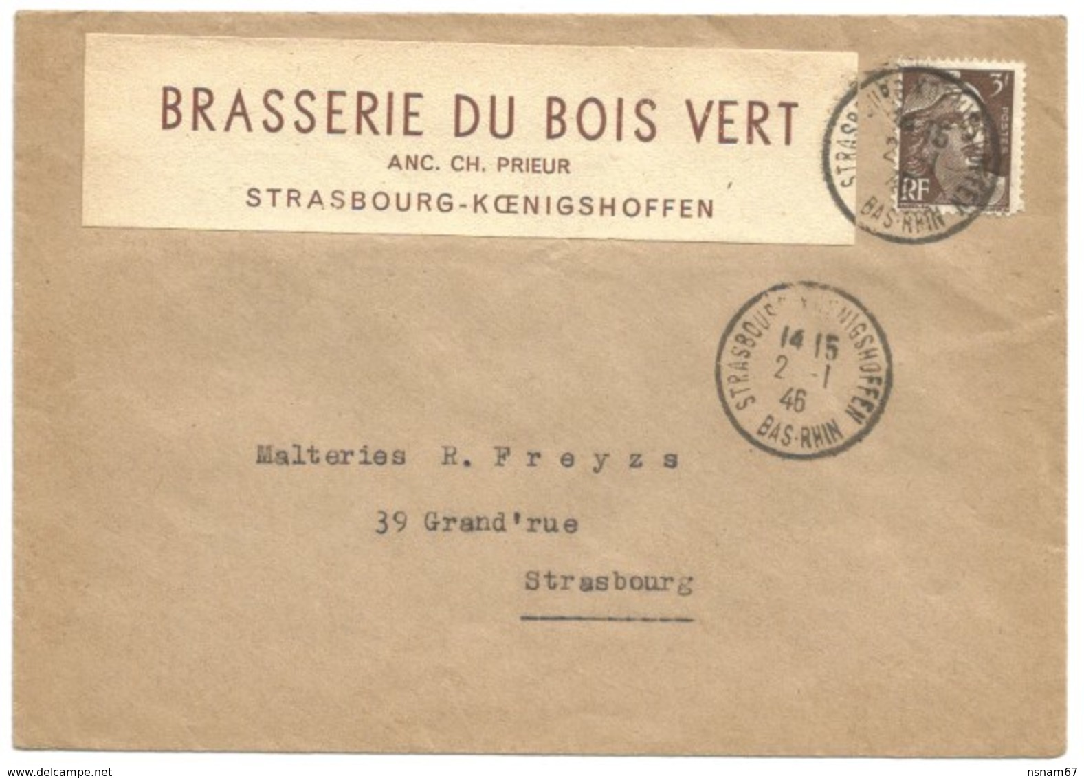 218 - STRASSBURG KOENIGSHOFEN - 1946 - Entête BRASSERIE DU BOIS VERT - Bière - - Covers & Documents