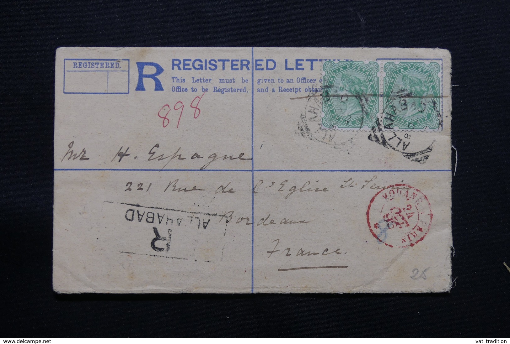 INDE - Entier Postal + Compléments ( Paire Victoria ) En Recommandé De Allahabad Pour La France En 1896 - L 54507 - 1882-1901 Empire