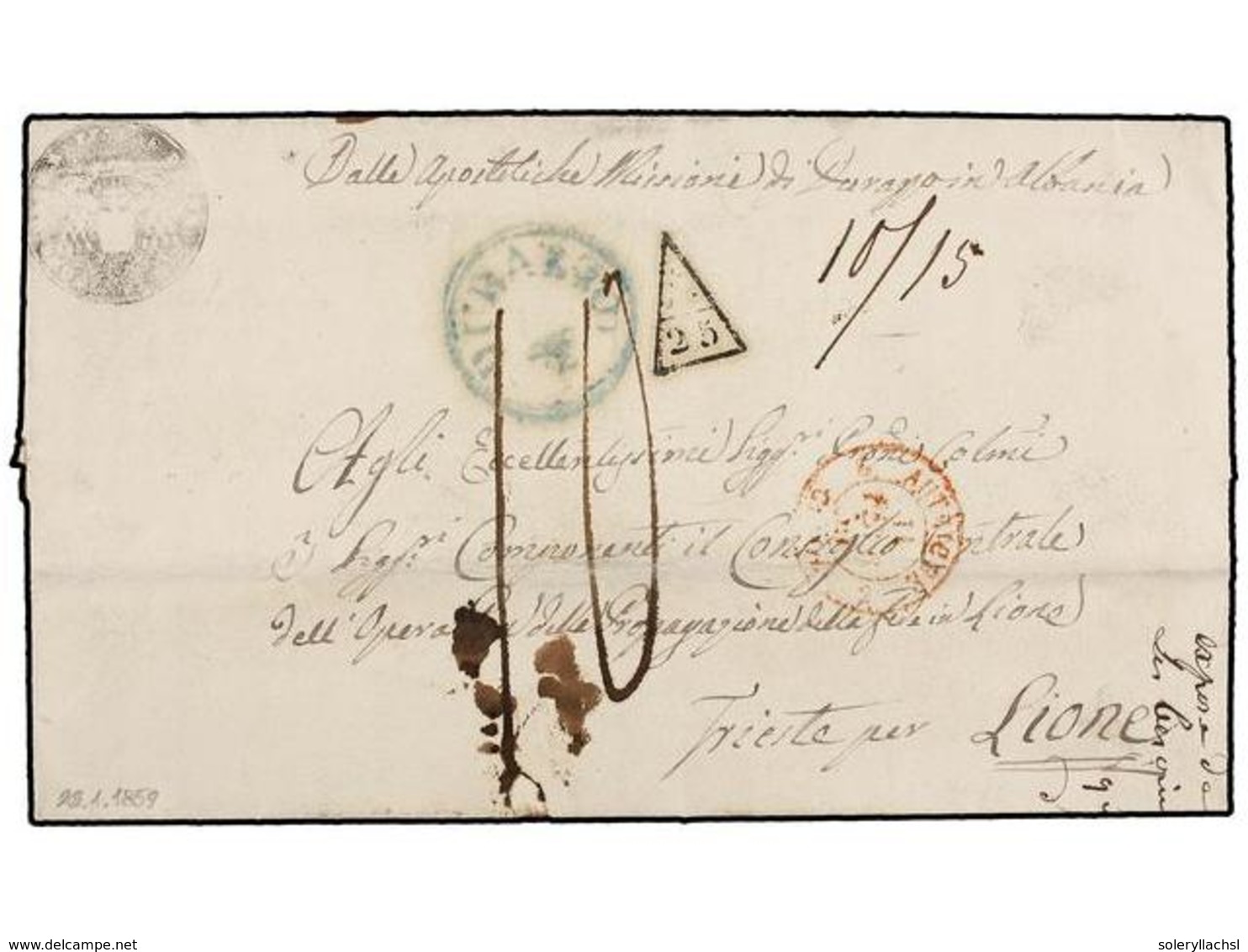 ALBANIA. 1859 (29 Enero). DURAZZO A LION (Francia). Carta Completa Con Texto Enviada Por El Arzobispo Católico De Durazz - Autres & Non Classés