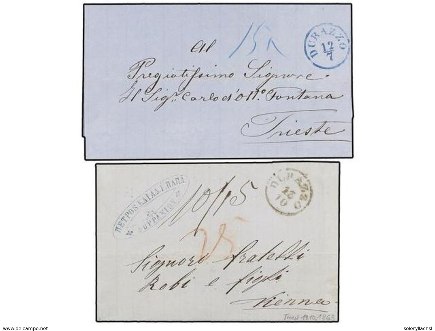 ALBANIA. 1863-71. Two Covers With Austrian DURAZZO Cds Black And Blue. Very Fine. - Andere & Zonder Classificatie