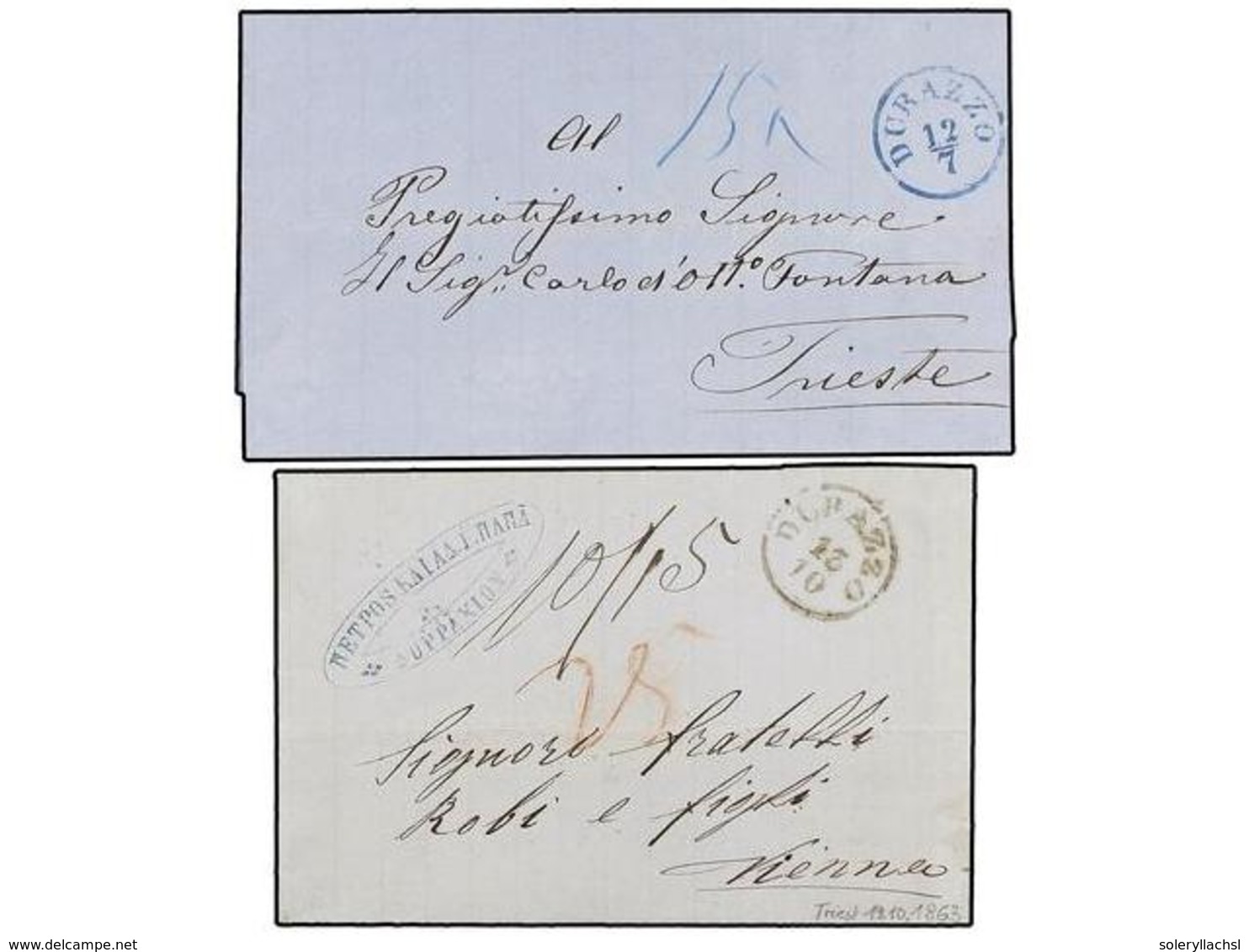 ALBANIA. 1863-71. Two Covers With Austrian DURAZZO Cds Black And Blue. Very Fine. - Sonstige & Ohne Zuordnung