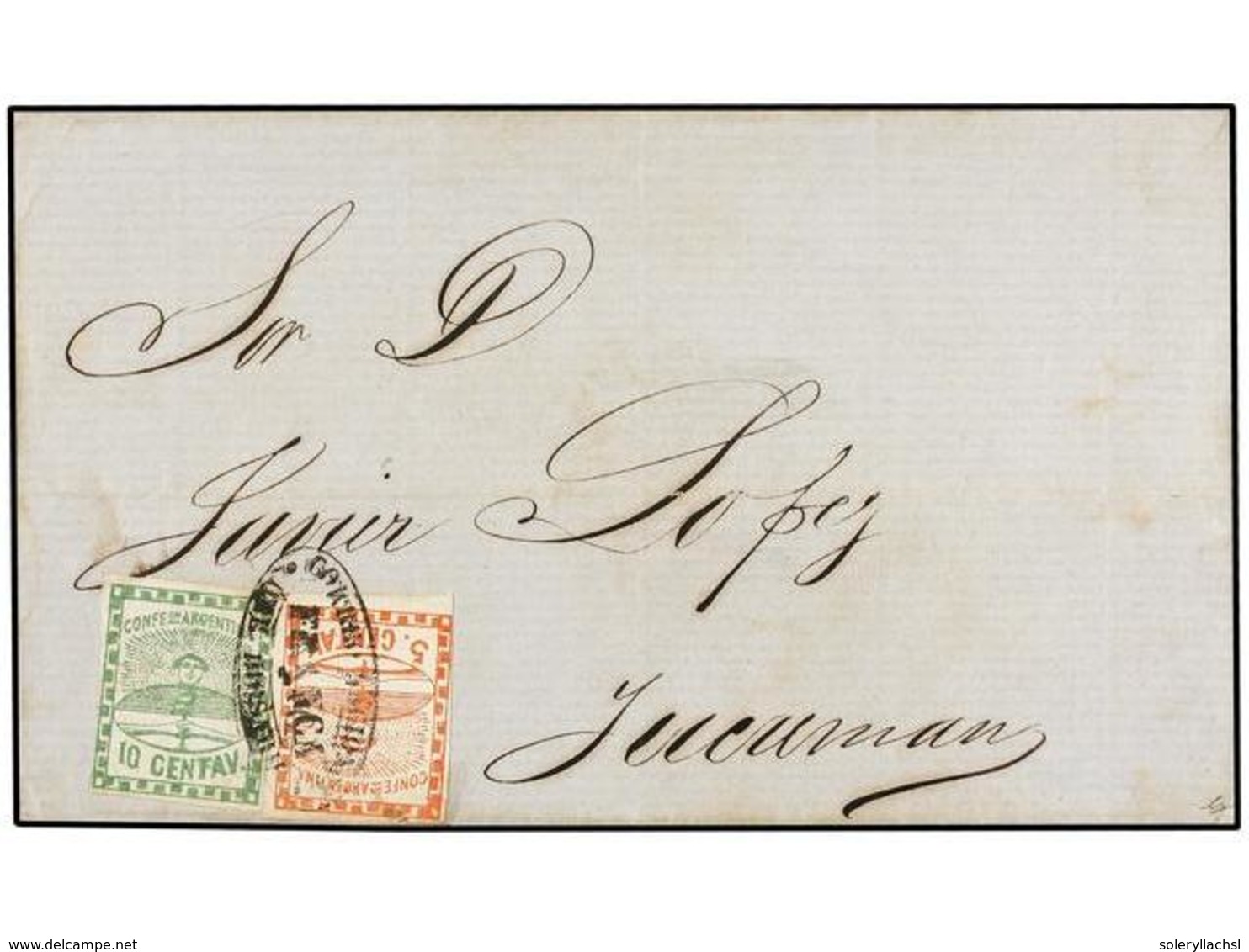 ARGENTINA. Sc.1, 2. (1859 CA.). ROSARIO A TUCUMAN. 5 Cts. Rojo Y 10 Cts. Verde, Mat. Ovalado CORREOS NACIONALES/FRANCA/D - Otros & Sin Clasificación