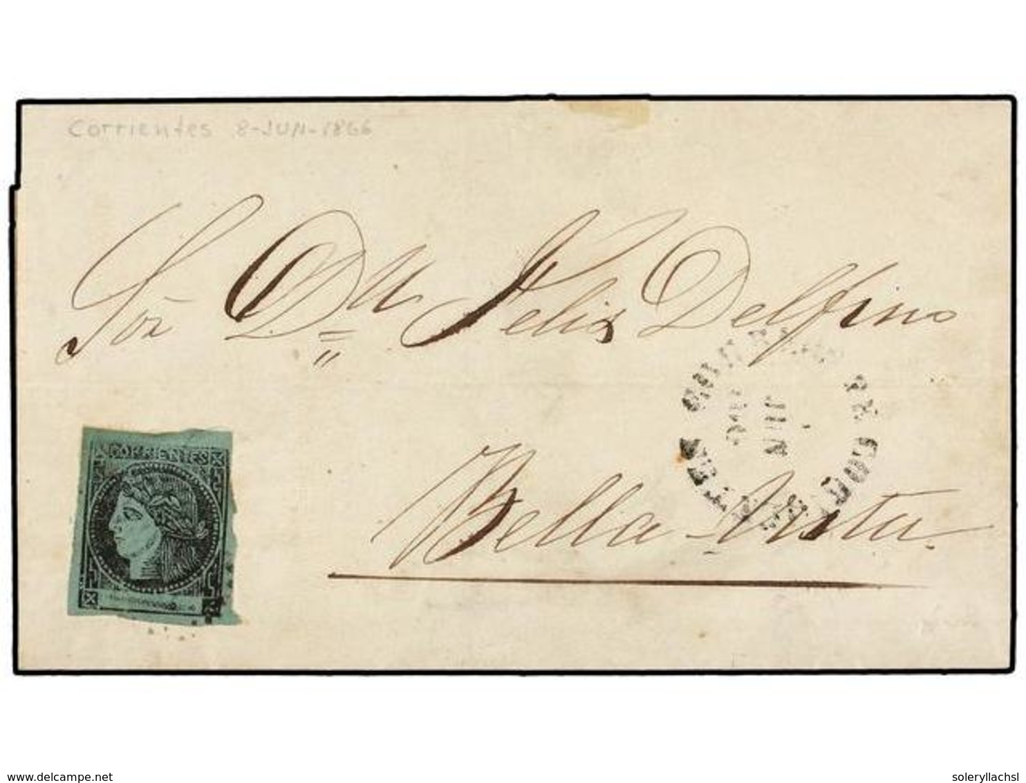 ARGENTINA. Sa.4a. 1864 (8 Junio). CORRIENTES A BELLAVISTA. (2 Cts.) Negro Y 5. Azul Verde, Mat. ÓVALO DE PUNTOS Y Fechad - Autres & Non Classés