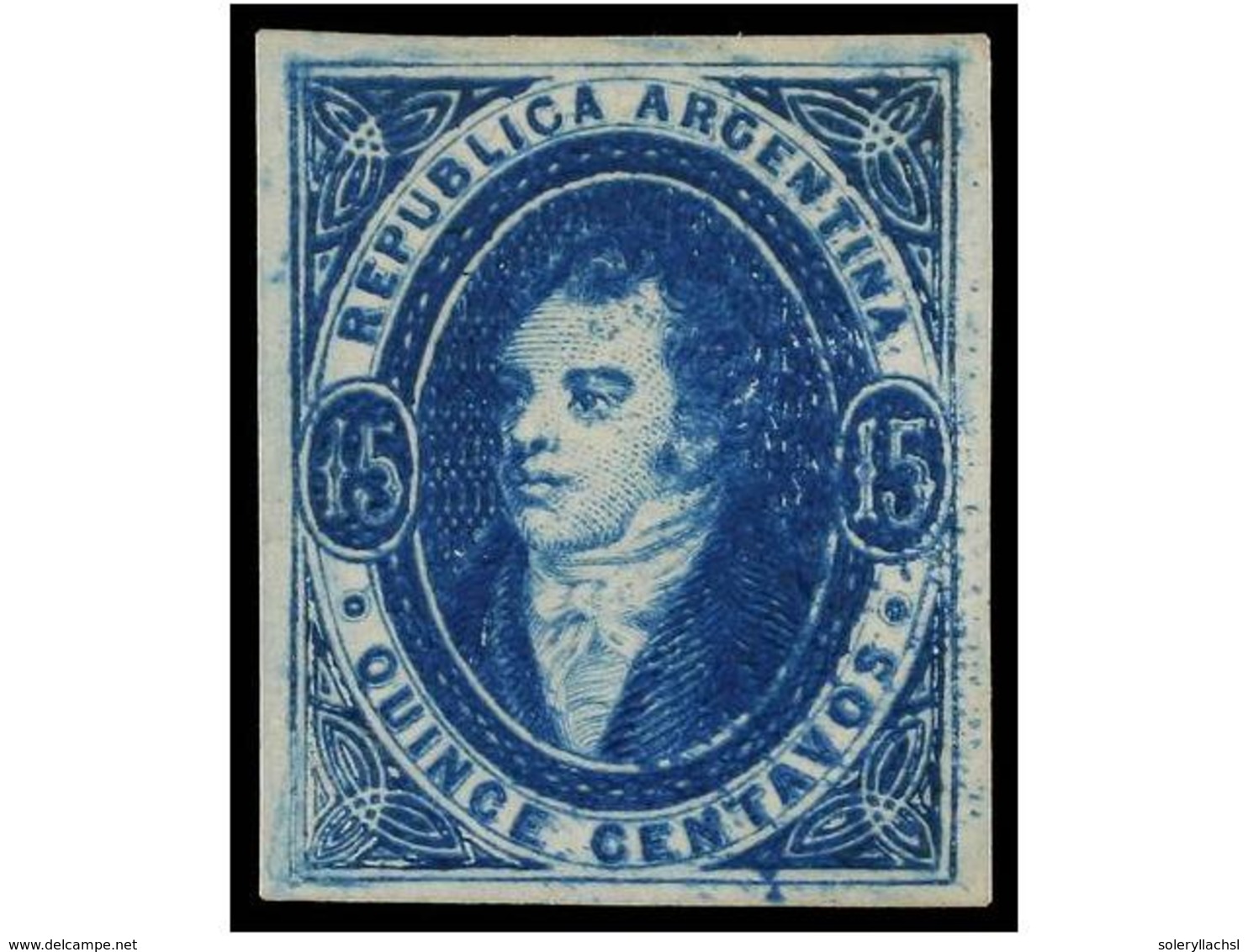 (*) ARGENTINA. Sc.16. 1867. 15 Ctvos. Azul Sin Filigrana. Color Y Márgenes Excepcionales. MUY RARO. Firma Kneitchel. Sco - Sonstige & Ohne Zuordnung