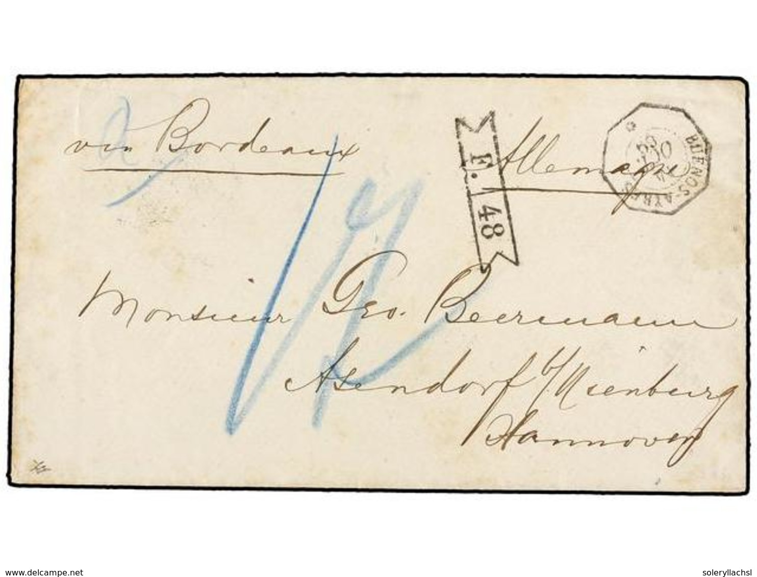 ARGENTINA. 1869. BUENOS AIRES A HANNOVER (Alemania). Fechador Octogonal Francés BUENOS AYRES/* Y Marca De Intercambio F. - Autres & Non Classés