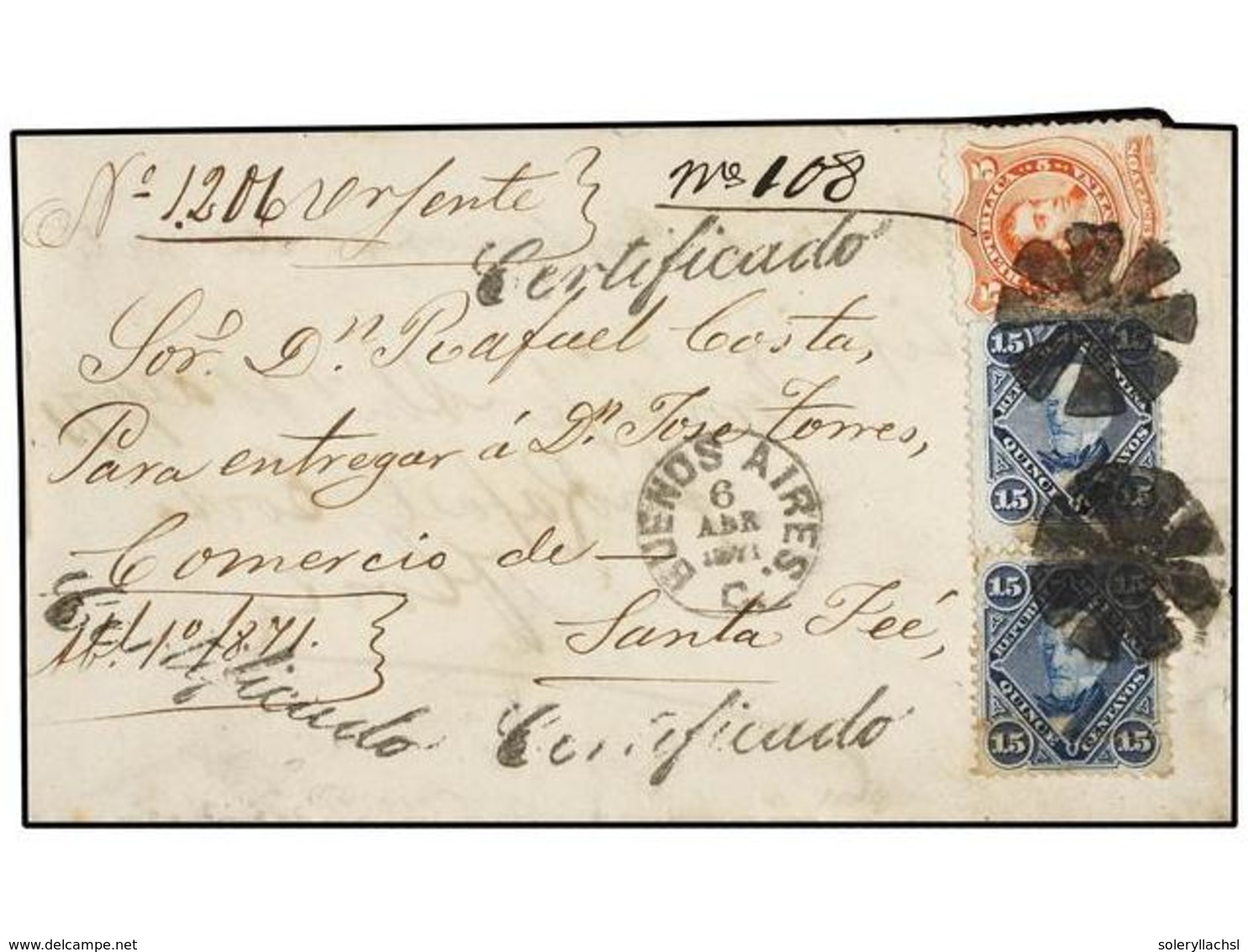 ARGENTINA. Sc.20, 21 (2). 1871. BUENOS AIRES A SANTA FE. 5 Cts. Naranja Y 15 Cts. Azul (2) Mat. De CORCHO Segmentado Y M - Autres & Non Classés